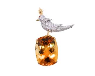 Tiffany  Co. Schlumberger Bird on a Rock Citrine Diamond Platinum  18K Gold Brooch with GIA