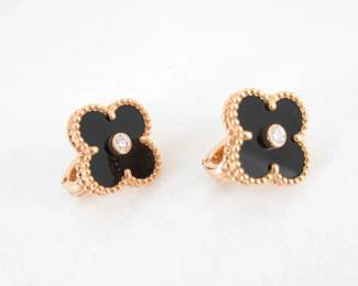 Van Cleef Arpels Vintage Alhambra Black Onyx Diamond 18K Rose Gold Limited Edition Earrings
