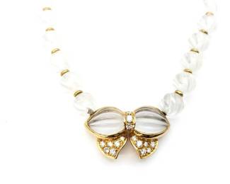 Boucheron Ribbon Motif Quartz Diamond 18K Yellow Gold Vintage Necklace