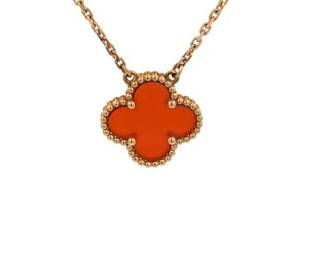 Van Cleef Arpels Vintage Alhambra Red Carnelian 18K Yellow Gold Pendant Necklace