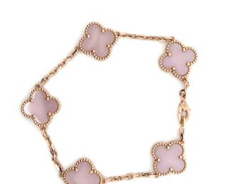 Van Cleef Arpels Vintage Alhambra Pink Porcelain 5 Motif Bracelet 18K Rose Gold Rare Limited Edition
