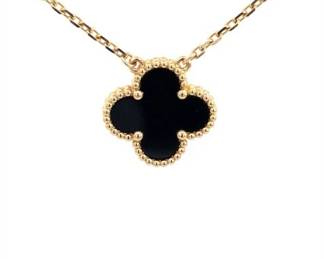 Van Cleef Arpels Vintage Alhambra Black Onyx 18K Yellow Gold Pendant Necklace