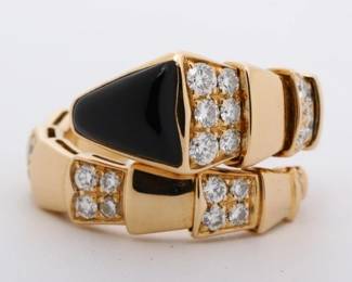 Bvlgari Serpenti Black Onyx & Diamond 18K Rose Gold Ring (Size M / Approx. US 9)