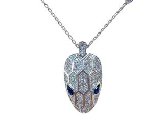 Bulgari Bvlgari Serpenti Blue Sapphire Diamond Pave Viper Snake Head 18K White Gold Pendant Necklace