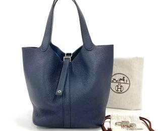 Hermes Navy Picotin MM Clemence Handbag