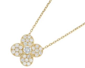 Van Cleef Arpels Diamond Floral 18K Yellow Gold Vintage Pendant Necklace