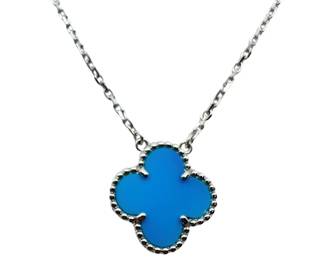 Van Cleef Arpels Vintage Alhambra Turquoise Pendant Necklace 18K White Gold