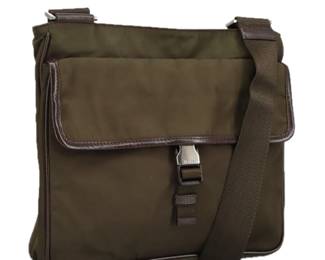 Prada Khaki Nylon Shoulder Bag with Silver Accents