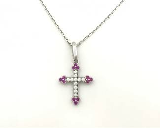 Cartier Vintage Diamond Ruby Cross 18K White Gold Pendant Necklace