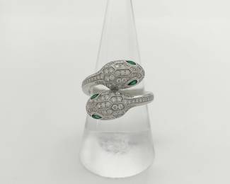 Bulgari Serpenti Viper Snake Double Head Emerald Diamond Pave 18K White Gold Ring