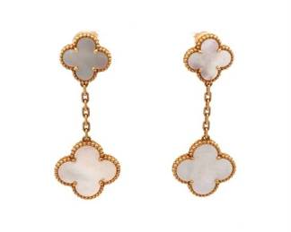Van Cleef Arpels Magic Alhambra 2 Motifs White Mother of Pearl 18K Yellow Gold Earrings