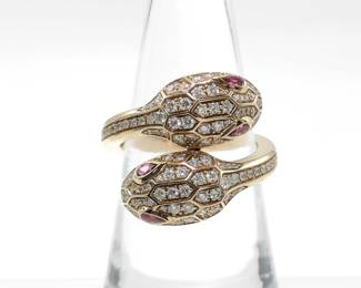Bvlgari Serpenti Seduttori Diamond Rubellite 18K Rose Gold Ring Size 52