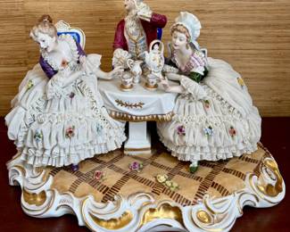 Antique Dresden Lace Porcelain "Tea Party"