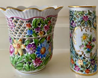 Herend Porcelain Pierced Openwork Lattice Vases