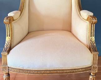 (2) Louis XVI Style Bergere Chairs with Gilt Wood Carvings