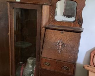 Antique Tiger Oak Side-by-Side Secretary Desk with Display Cabinet