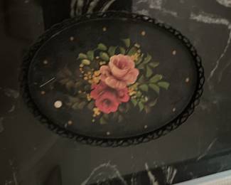 Antique Toleware Hand-Painted Floral Oval Tray