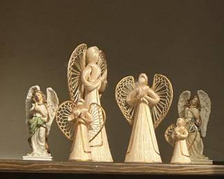 Collection of Angel Figurines and Christmas Linens