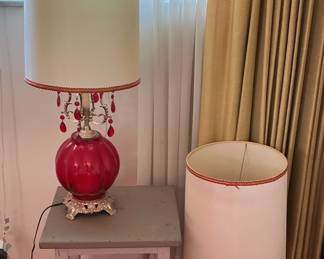 Vintage Ruby Red Glass Table Lamp with Beaded Trim and Ornate Base