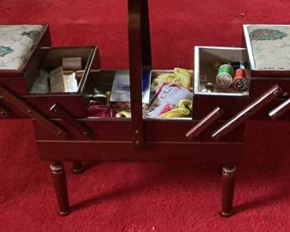 Wooden Sewing Box with Assorted Notions