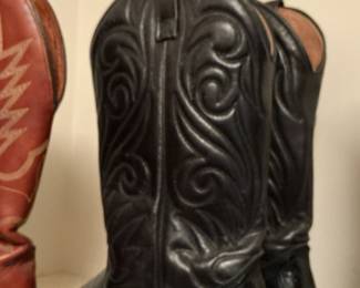Black Leather Cowboy Boots with White Flame Stitching