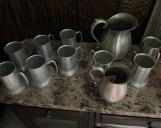Pewter Pitcher and 7 Mugs Set
