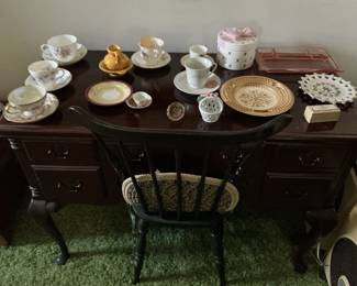 Vintage Mahogany Writing Desk with Assorted Porcelain Teacups and Saucers
