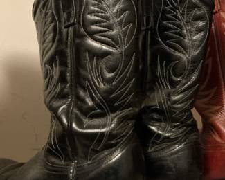 Black Leather Cowboy Boots with White Flame Stitching