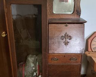 Antique Oak Side-by-Side Secretary Desk with Mirror