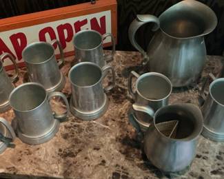 Pewter Tankard Set with Pitcher and "BAR OPEN" Sign