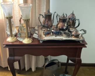 Victorian Style Silver-Plated Tea Set with Tray and Hurricane Lamps