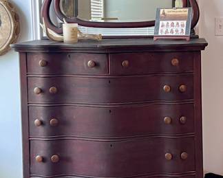 ANTIQUE MAHOGANY SERPENTINE DRESSER WITH ATTACHED WISHBONE STYLE MIRROR