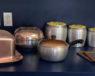 VINTAGE YELLOW 1950’S KROMEX SPUN ALUMINUM CANISTER SET, WEST BEND PINK COPPER ALUMINUM LOCKING SQUARE CAKE CARRIER