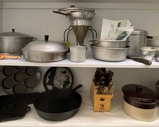 CAST IRON, VINTAGE SIEVE, ALUMINUM POTS, VINTAGE BEAN POT