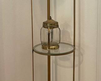 HOLLYWOOD REGENCY STYLE ETAGERE, BRASS CRICKET BOX