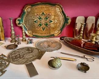ANTIQUE JAPANESE HAND MIRRORS, HANDPAINTED FLORENTINE ITALIAN TRAY