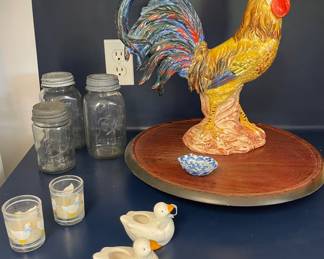 HANDMADE/HANDPAINTED CERAMIC ROOSTER ATLANTIC MOLD, VINTAGE BALL JARS