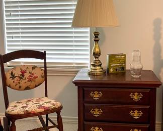 SEWING ROCKER, BRASS LAMP, KINCAID NIGHTSTAND, ETCHED GLASS WATER CARAFE