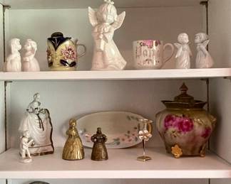 SOLID BRASS VICTORIAN-STYLE LADY BELL, ANTIQUE HANDPAINTED BISCUIT JAR