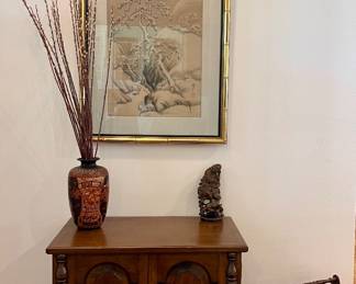 FRAMED JAPANESE SCROLL WITH WINTER SCENE, CARVED WOOD STATUE