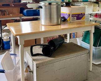 FARMHOUSE TABLE, METAL STORAGE BOX, PRESSURE COOKER