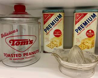 VINTAGE NABISCO CRACKER TINS, VINTAGE TOM’S TOASTED PEANUTS GLASS JAR WITH LID -RED KNOB