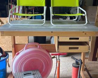 BEACH CHAIRS, TABLE, AIR PUMPS