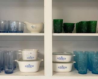DRIFTWOOD PEACOCK BLUE TUMBLERS, ANCHOR HOCKING SANDWICH GLASS,  BLUE CORNFLOWER CORNING WARE