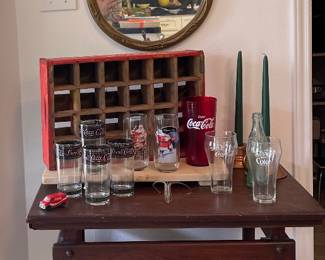 VINTAGE WOODEN COKE CRATE, 1970’S TIFFANY STYLE COKE GLASSES, VINTAGE TINS