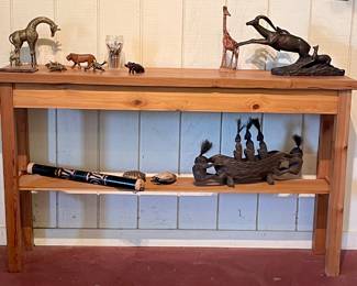 WOOD TABLE, STATUES AND FIGURES