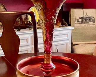 ANTIQUE MOSER BOHEMIAN GLASS EPERGNE-GOLD GILT WITH RAISED ENAMEL
