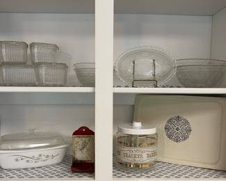 VINTAGE REFRIGERATOR DISHES, PYREX GOLDEN HONEYSUCKLE COVERED CASSEROLE, VINTAGE METAL MATCH TIN,  PYREX  “THE CRACKER BARREL” JAR