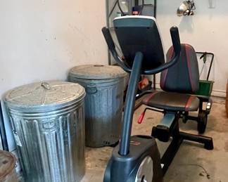 METAL TRASH CANS, EXERCISE BIKE, SMALL BBQ PIT