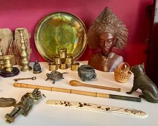 HANDCARVED BALINESE SCULPTURE, BRASS TRAY WITH RETICULATED EDGES, JAPANESE GETA SANDALS, SCOTTISH BAGPIPER BRASS DOORKNOCKER, ANTIQUE CAST IRON BOXER/BULLDOG BANK HUBLEY?, CHINESE BRONZE INCENSE/JOSS STICK HOLDER, JAPANESE SHIBAYAMA PAGE TURNER